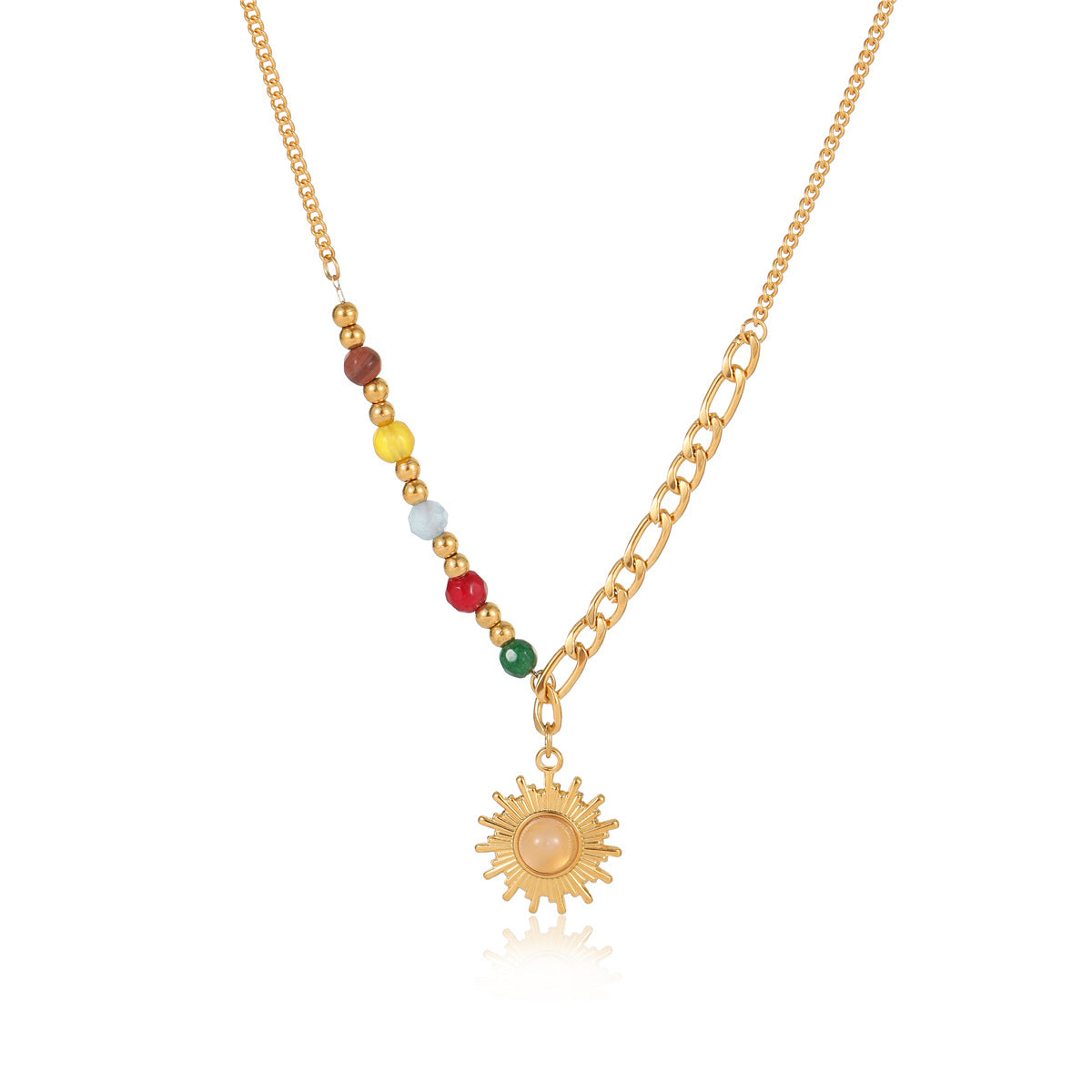 French retro sun pendant necklace, women's gold colored bead gold collarbone chain, niche design, high-end accessory