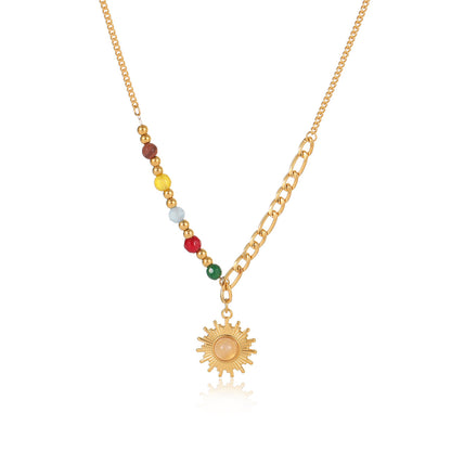 French retro sun pendant necklace, women's gold colored bead gold collarbone chain, niche design, high-end accessory
