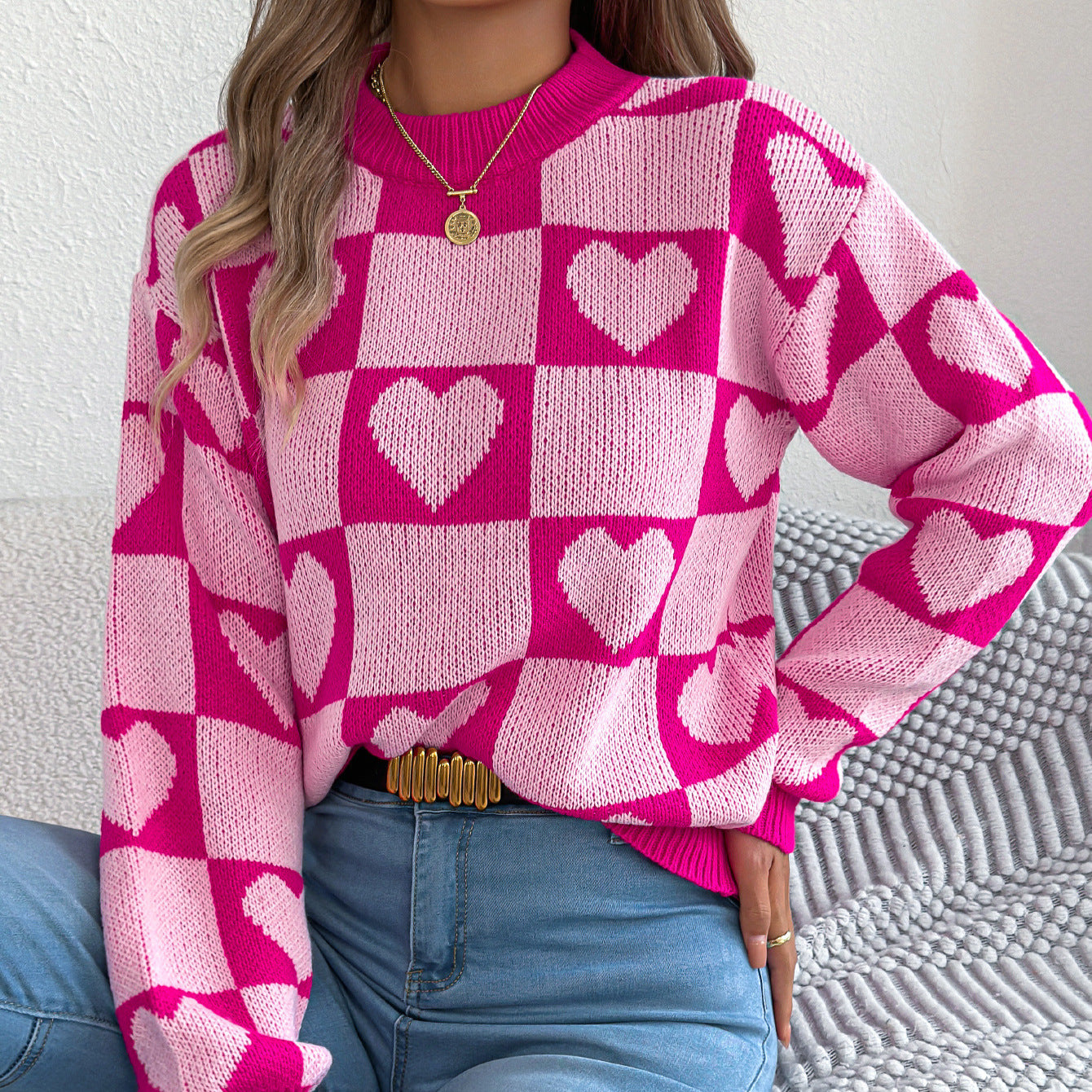 Love grid lantern long sleeved pullover sweater