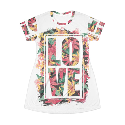 Floral Love T-Shirt Dress, Casual Summer Dress, Boho Fashion, Gift for Her, Love Quote Dress