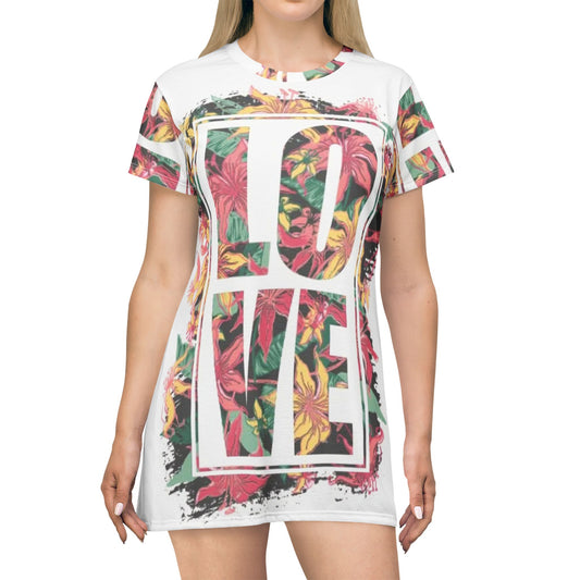 Floral Love T-Shirt Dress, Casual Summer Dress, Boho Fashion, Gift for Her, Love Quote Dress