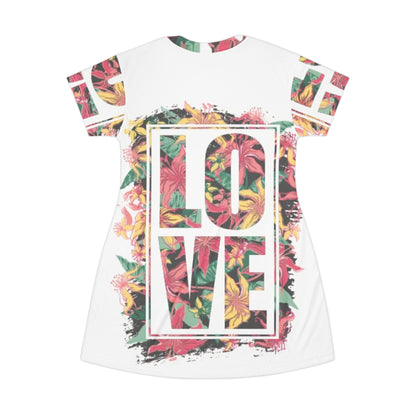Floral Love T-Shirt Dress, Casual Summer Dress, Boho Fashion, Gift for Her, Love Quote Dress