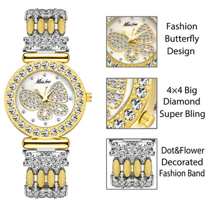 MISSFOX 2030 Butterfly Women Watches Luxury Brand Big Diamond 18K Gold Watch Waterproof Special Bracelet Expensive Ladies Wrist Watch