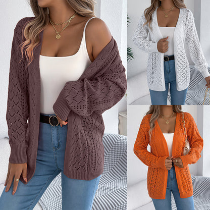 Hollow lantern long sleeved cardigan sweater mid length jacket