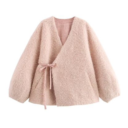 European and American autumn new style V-neck long sleeved lace up sheeproll fur one-piece coat for women