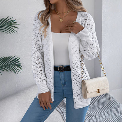 Hollow lantern long sleeved cardigan sweater mid length jacket