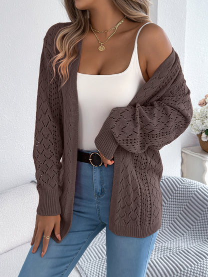 Hollow lantern long sleeved cardigan sweater mid length jacket