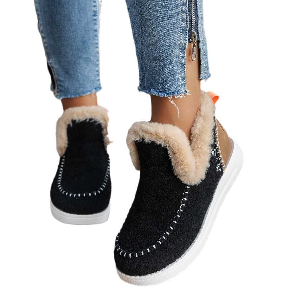 Warm and thick snow boots European and American flat-soled large-size furry short-sleeved cotton shoes