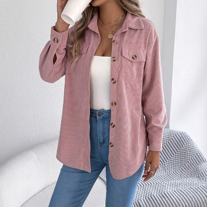 Fake pocket long sleeved corduroy mid length jacket