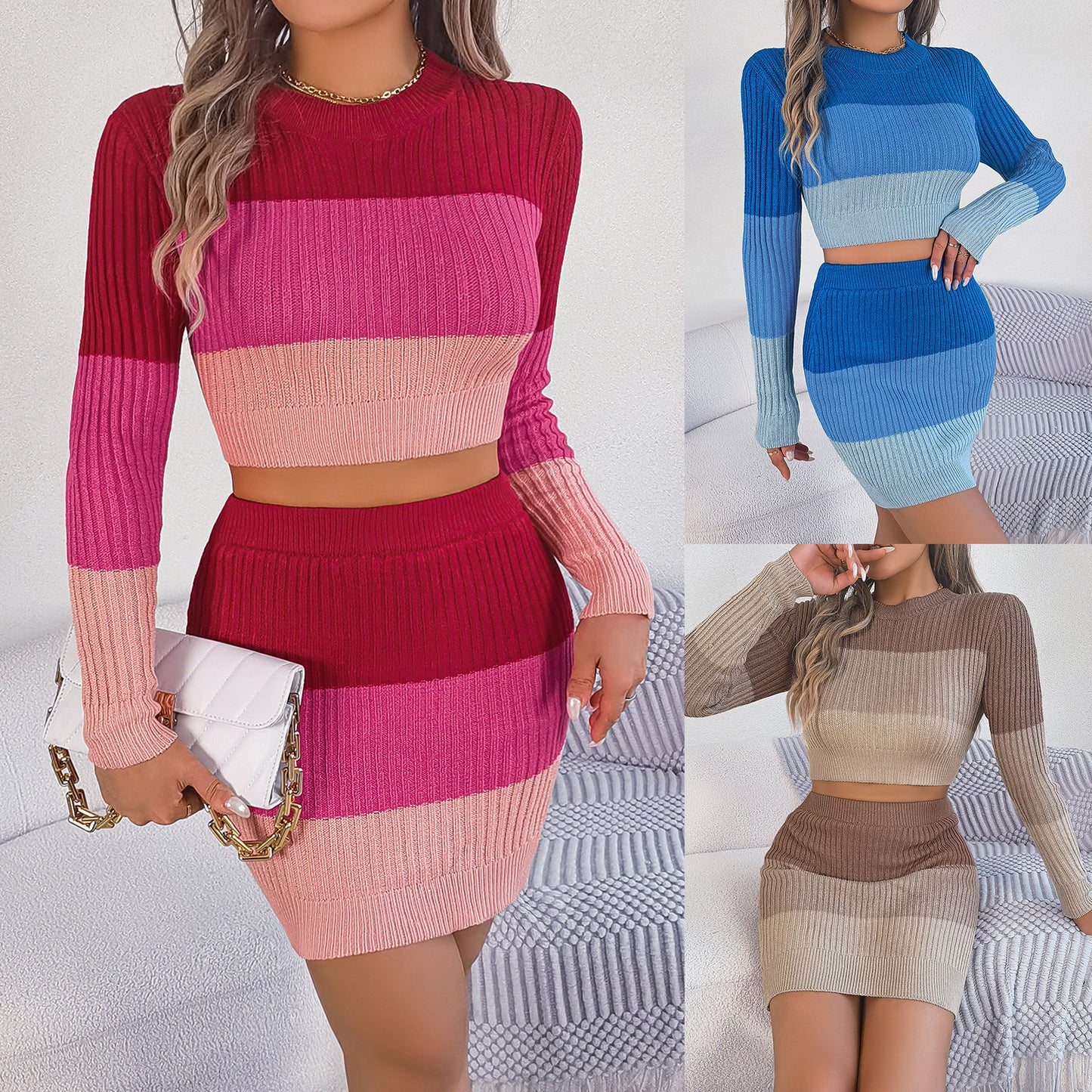 Colorblock Knit Crop Top & Skirt Set – Hip-Hugging Fashion Outfit