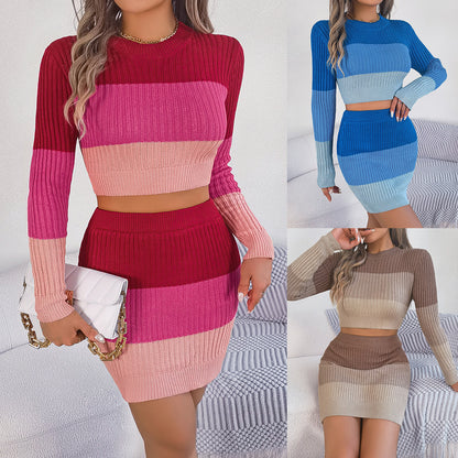 Colorblock Knit Crop Top & Skirt Set – Hip-Hugging Fashion Outfit