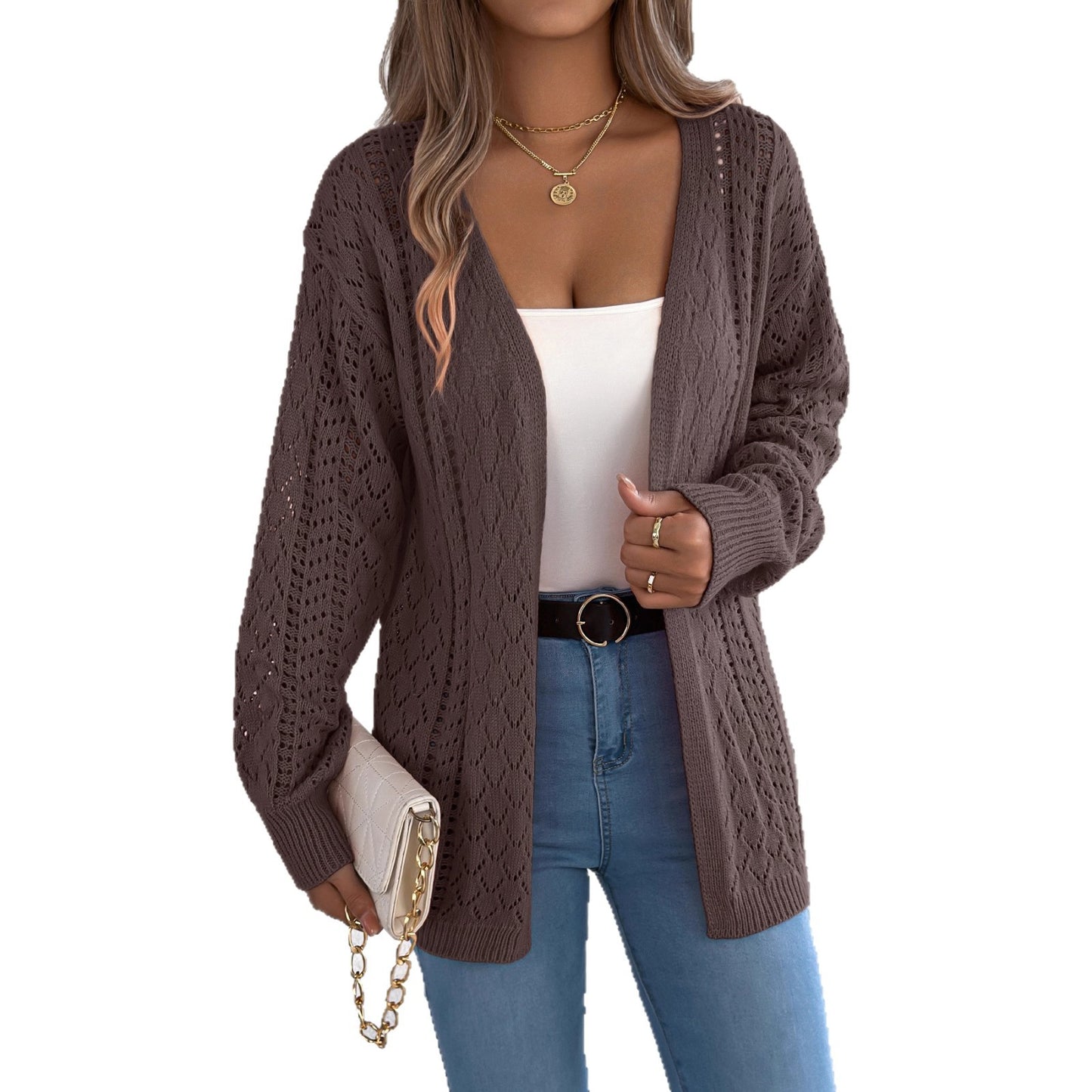 Hollow lantern long sleeved cardigan sweater mid length jacket