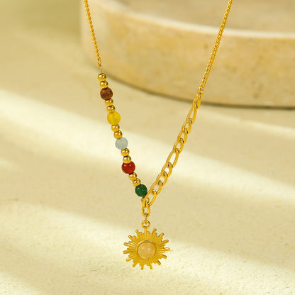 French retro sun pendant necklace, women's gold colored bead gold collarbone chain, niche design, high-end accessory