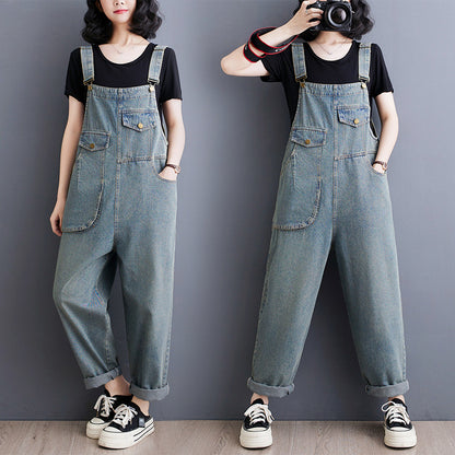 Spring Summer Vintage Jeans Jumpsuits Women Loose Wide Leg Rompers Womens Retro Long Denim Jumpsuit Ladies Front Pockets