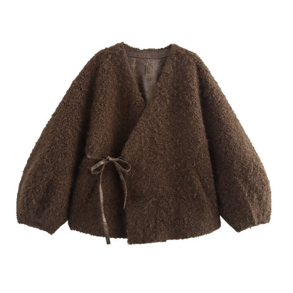 European and American autumn new style V-neck long sleeved lace up sheeproll fur one-piece coat for women