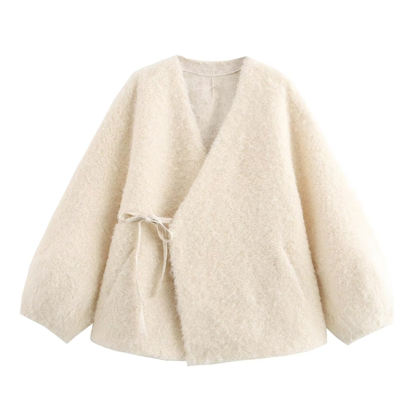 European and American autumn new style V-neck long sleeved lace up sheeproll fur one-piece coat for women