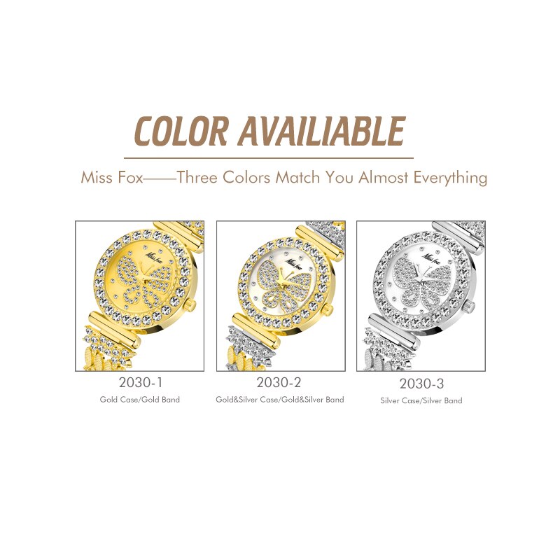 MISSFOX 2030 Butterfly Women Watches Luxury Brand Big Diamond 18K Gold Watch Waterproof Special Bracelet Expensive Ladies Wrist Watch