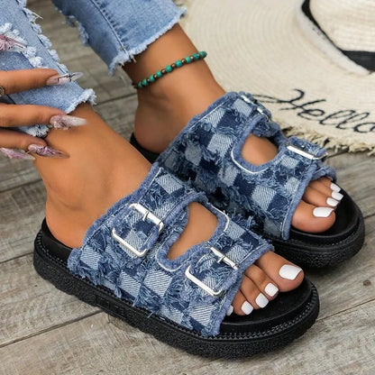 Raw Edge Checkered Cloth Buckle Sandals