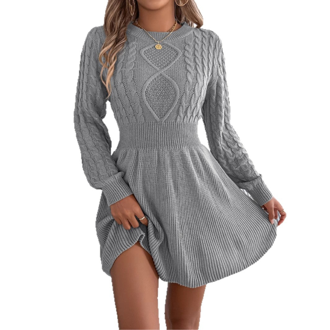 Solid Fried Dough Twists waist lantern long sleeve wool dress A-line skirt
