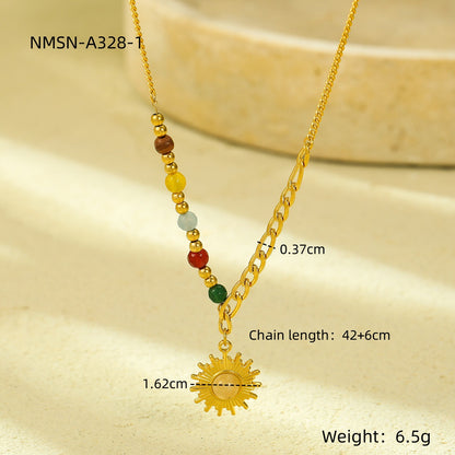 French retro sun pendant necklace, women's gold colored bead gold collarbone chain, niche design, high-end accessory