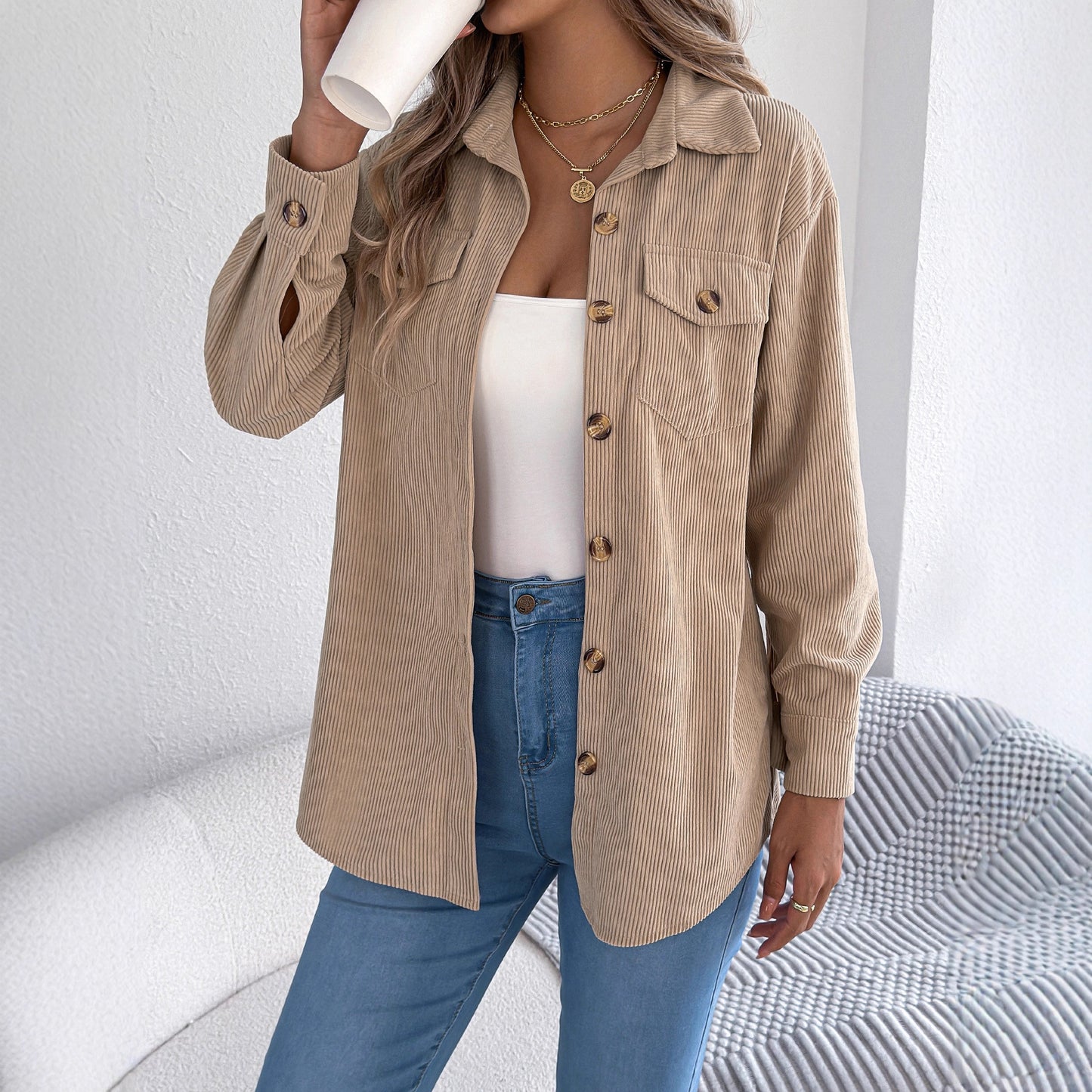 Fake pocket long sleeved corduroy mid length jacket