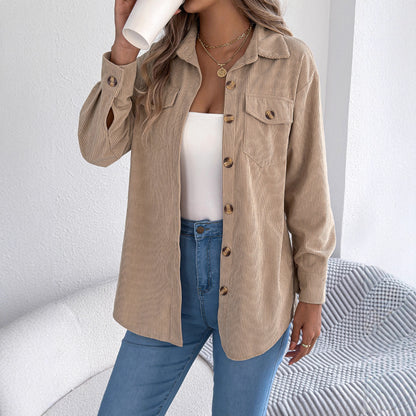 Fake pocket long sleeved corduroy mid length jacket