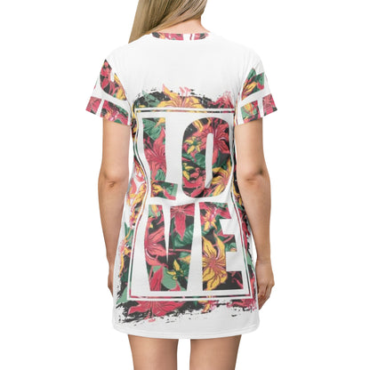 Floral Love T-Shirt Dress, Casual Summer Dress, Boho Fashion, Gift for Her, Love Quote Dress