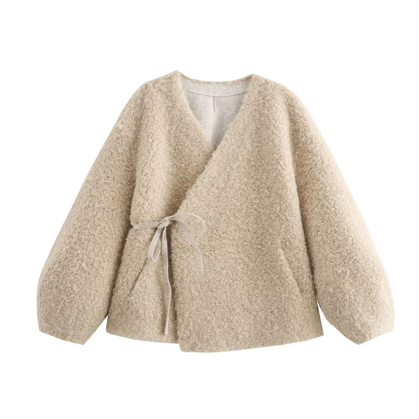 European and American autumn new style V-neck long sleeved lace up sheeproll fur one-piece coat for women