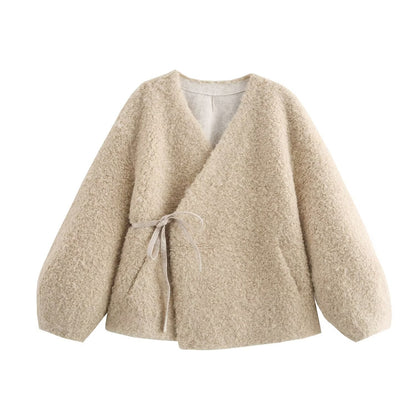 European and American autumn new style V-neck long sleeved lace up sheeproll fur one-piece coat for women