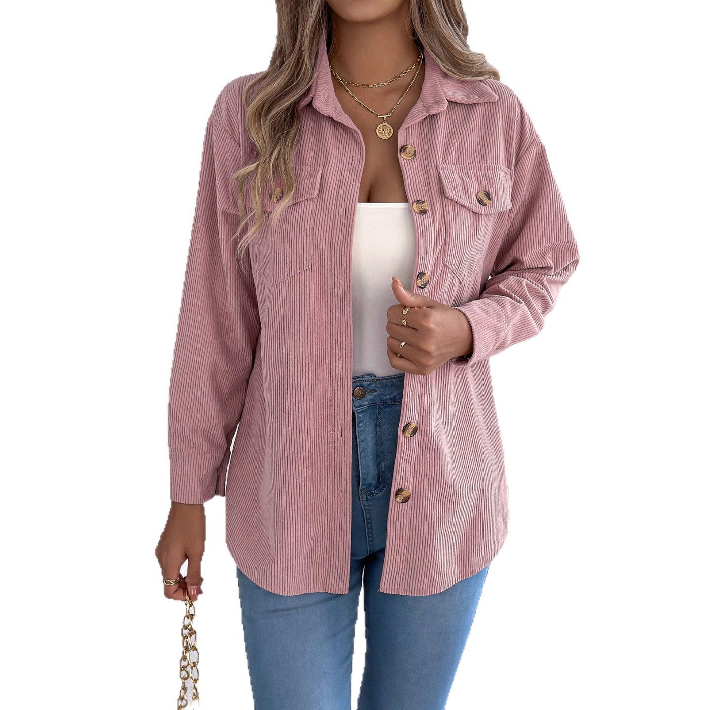 Fake pocket long sleeved corduroy mid length jacket