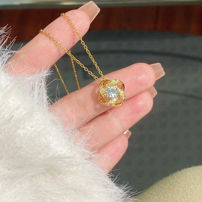 Eternal Heart Pendant Clavicle Necklace Cross-border Hot Sale Full Diamond Zircon Rotating Lucky Four-Leaf Clover Necklace