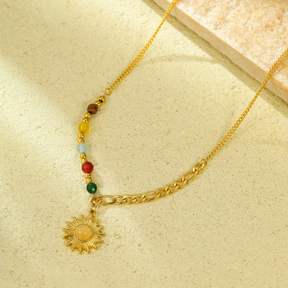 French retro sun pendant necklace, women's gold colored bead gold collarbone chain, niche design, high-end accessory