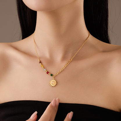 French retro sun pendant necklace, women's gold colored bead gold collarbone chain, niche design, high-end accessory