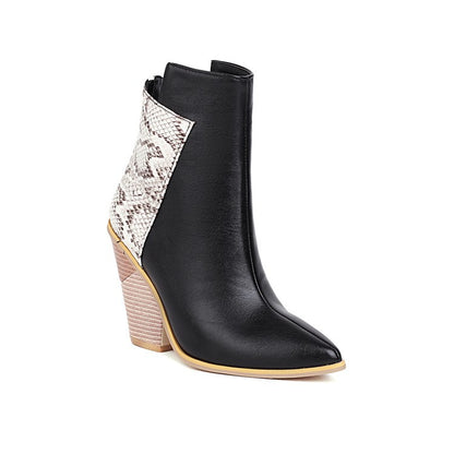 Ladies Ankle Boots Pointed Toe Colorblock Back Zip High Heel Chunky Heel Plus Size Fashion Boots