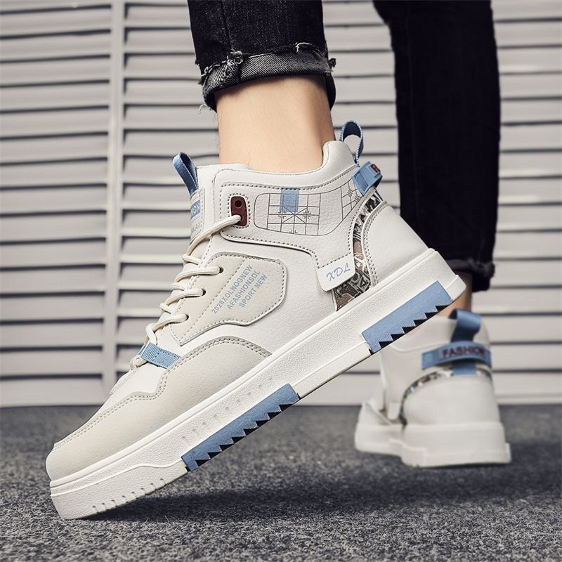 Men's new breathable high top shoes for male students, trendy and versatile white shoes, thick soled sports and leisure board shoes