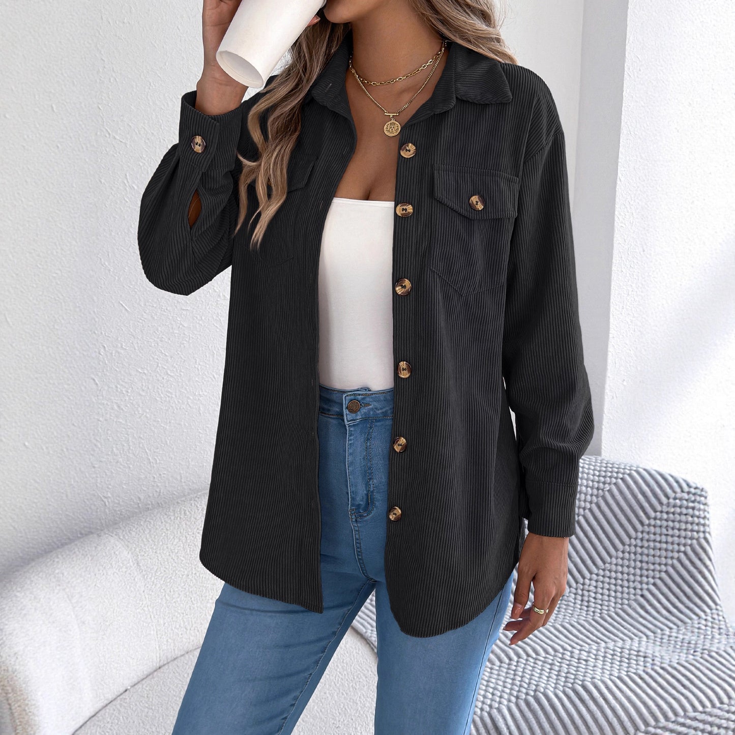 Fake pocket long sleeved corduroy mid length jacket