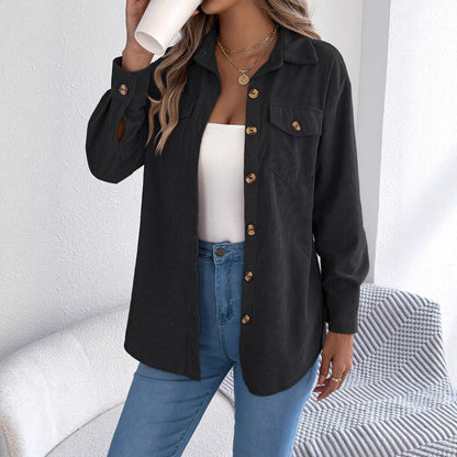 Fake pocket long sleeved corduroy mid length jacket