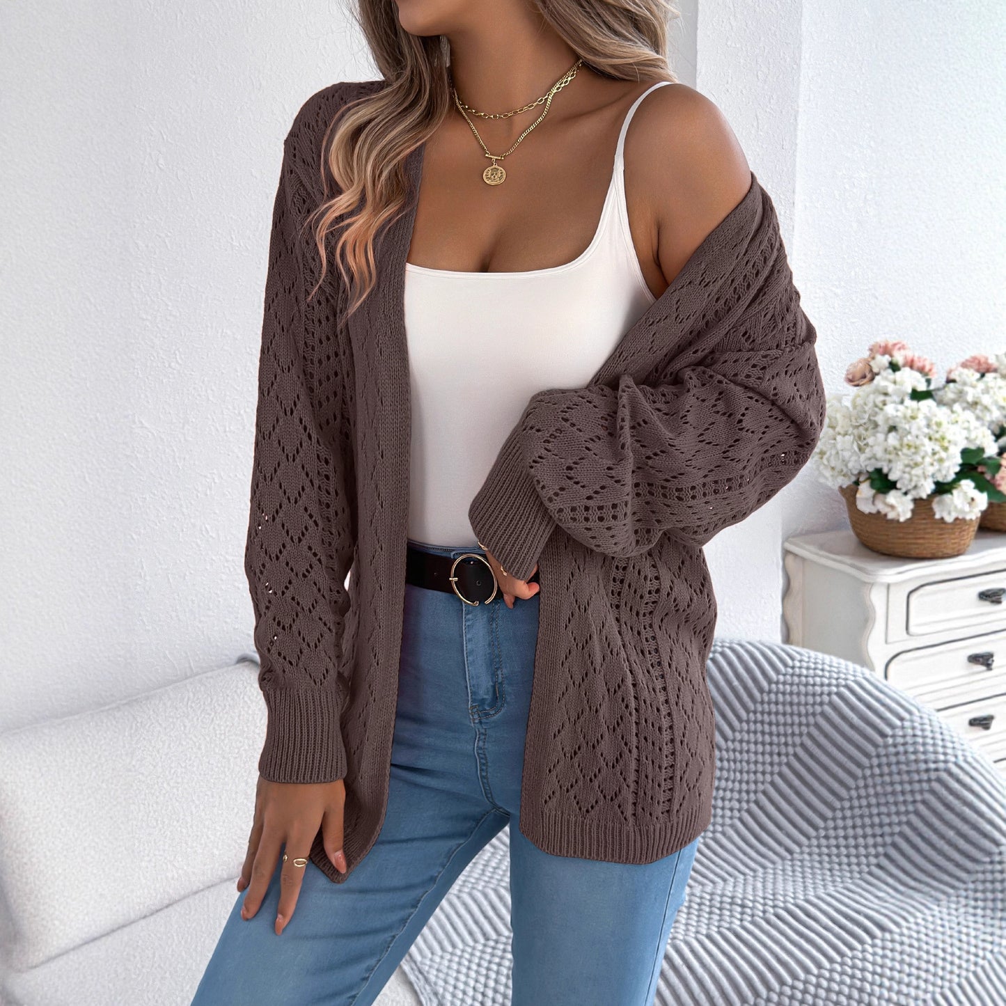 Hollow lantern long sleeved cardigan sweater mid length jacket