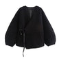 European and American autumn new style V-neck long sleeved lace up sheeproll fur one-piece coat for women