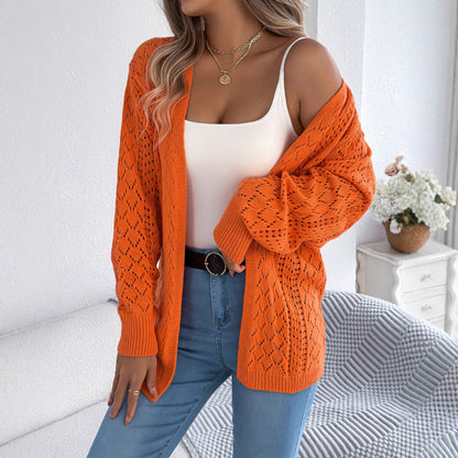 Hollow lantern long sleeved cardigan sweater mid length jacket
